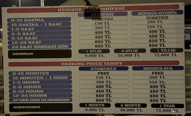 Ercan Havalimanı Otopark Tarifesi