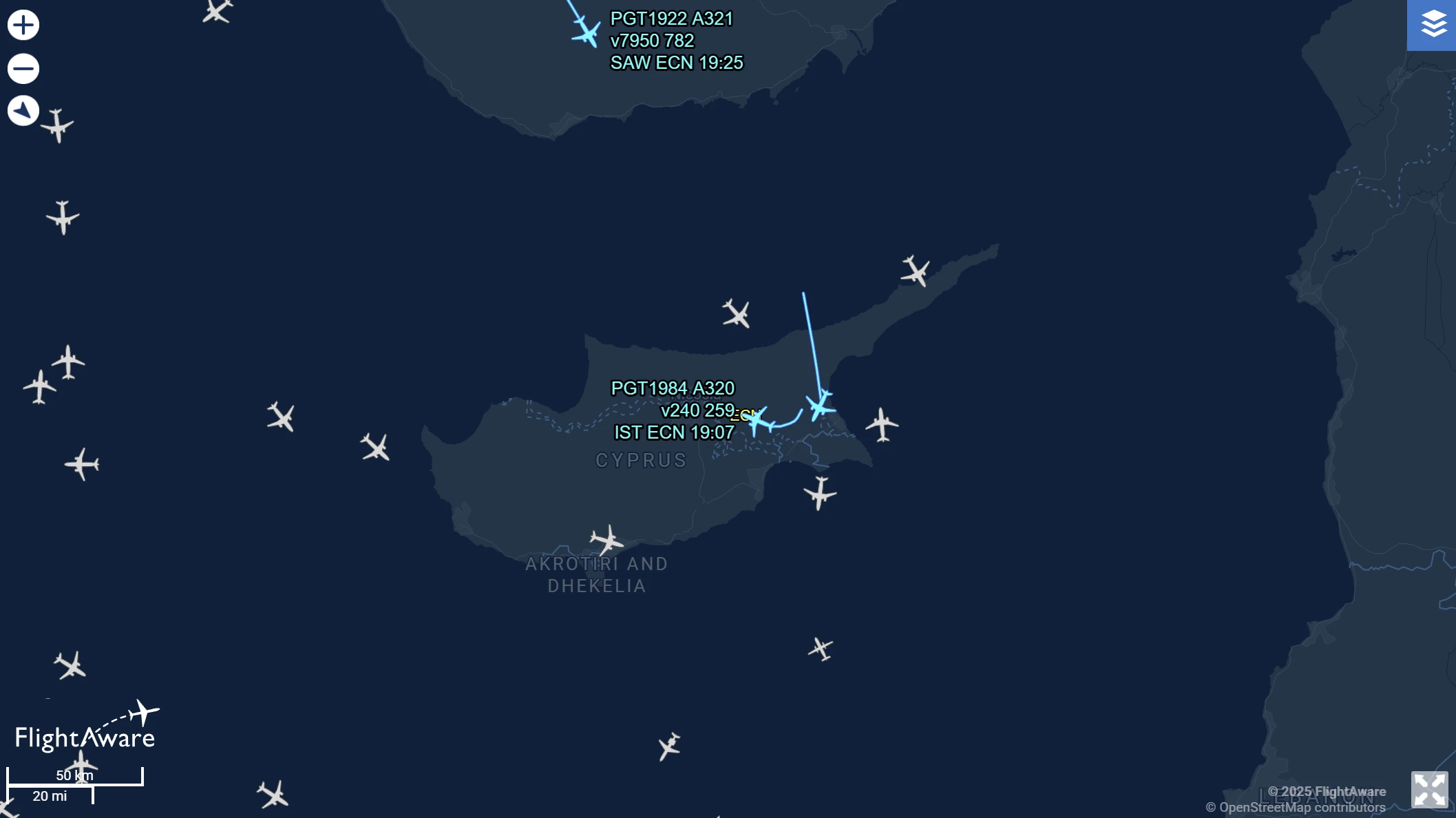 Eržanas lidostas tiešsaistes tablo FlightAware