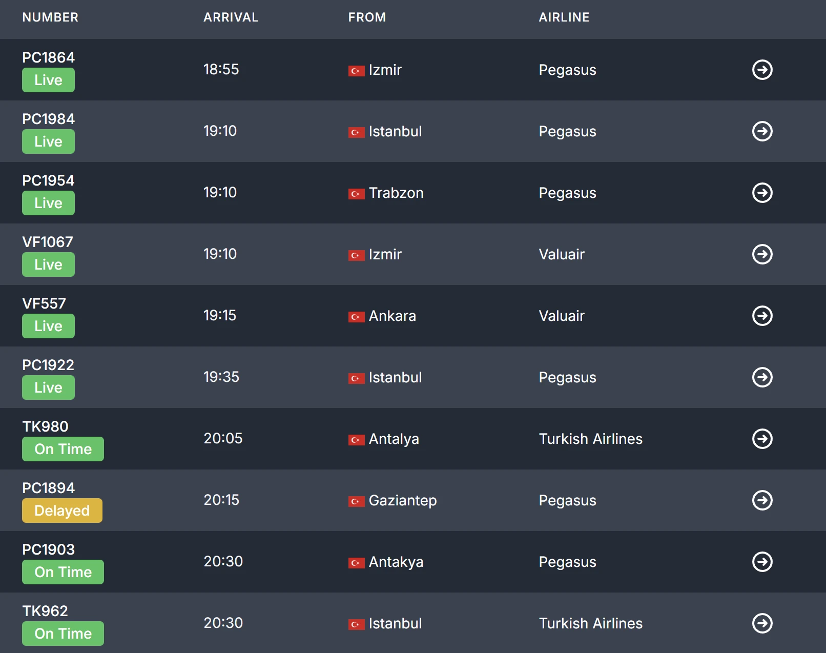 Eržanas lidostas tiešsaistes tablo oficiālajā mājaslapā